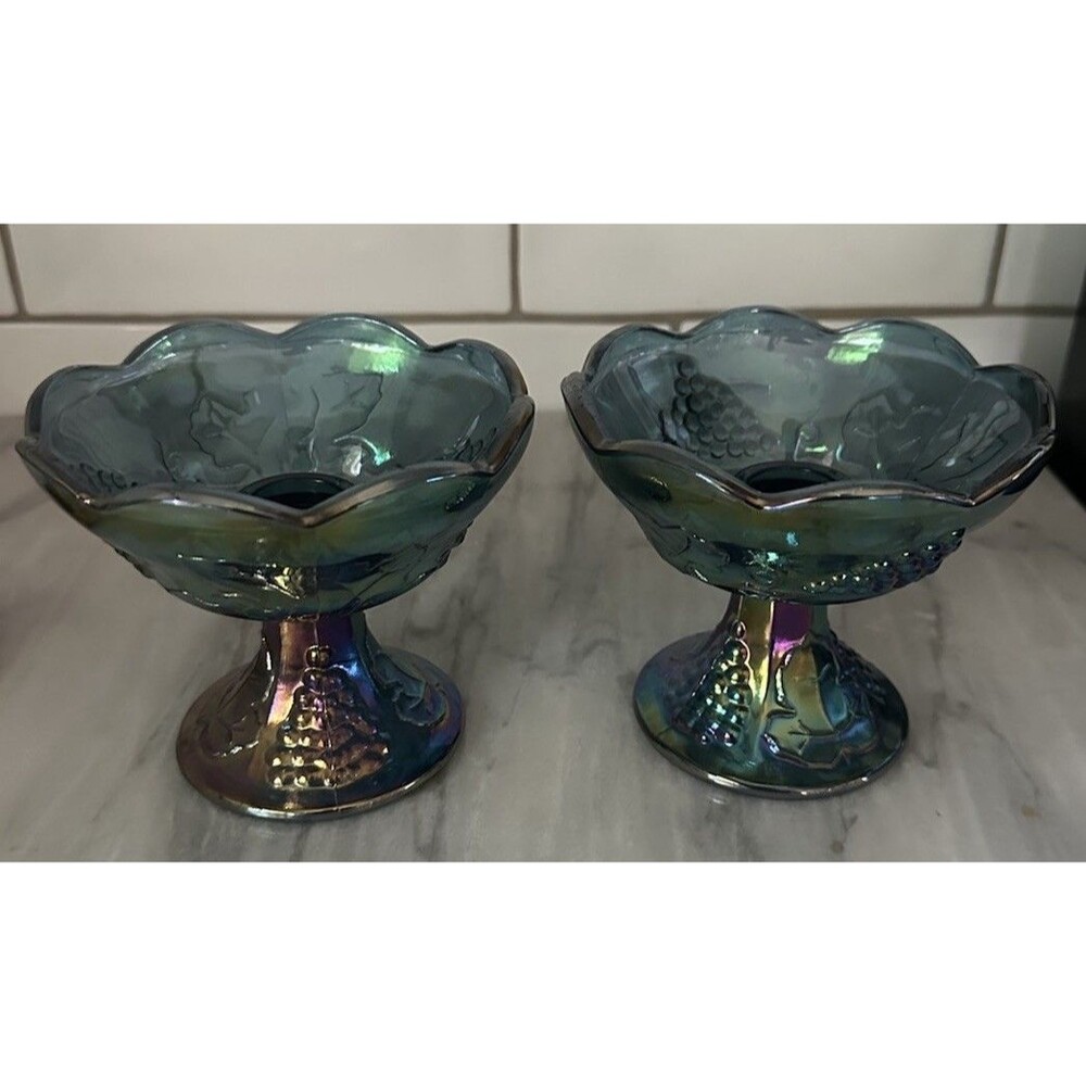Vtg Blue Green Iridescent Carnival Glass Candle Holder Harvest Grape Indiana Two